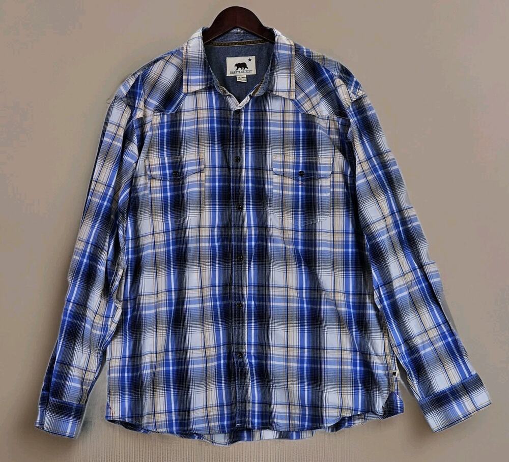 Dakota Grizzly Men's XXL Snap Front Blue Black Plaid Long Sleeve Shirt Cotton